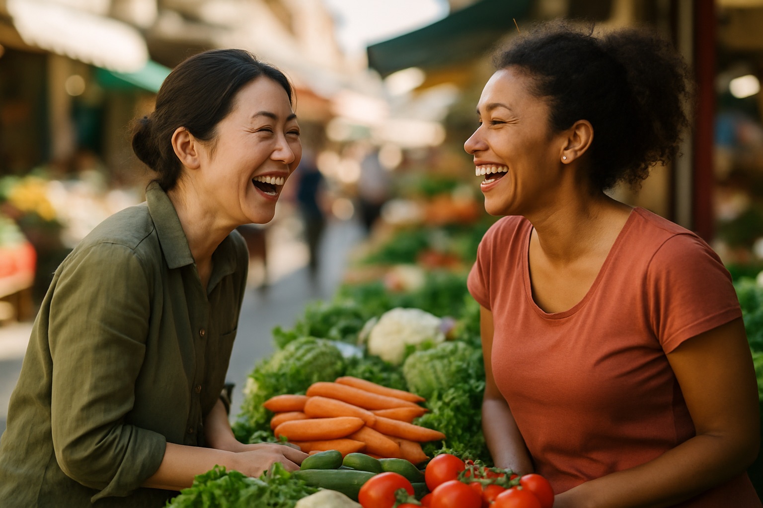 Zwei Frauen unterhalten sich lachend über einen Markttisch mit Gemüse hinweg.