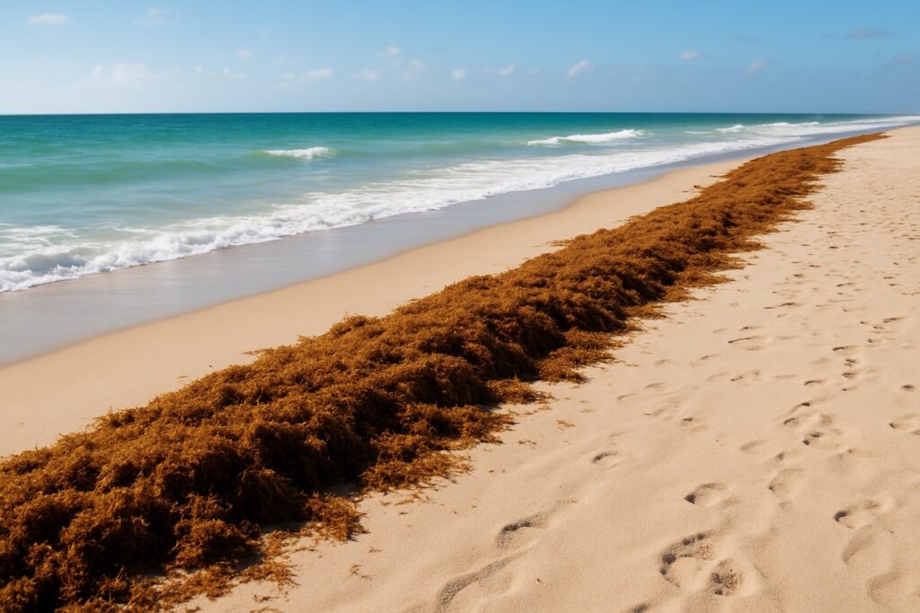 Ein breites braunes Algenband liegt entlang der Flutlinie eines sonnigen Sandstrands.