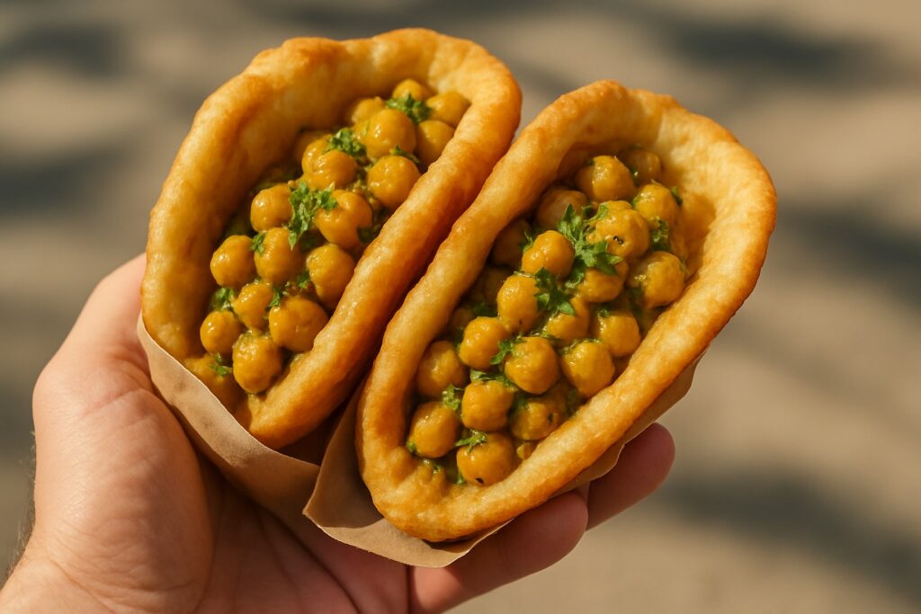 Zwei weiche frittierte Fladen mit gewürzten Kichererbsen dazwischen, in Papier gewickelt und in einer Hand gehalten.