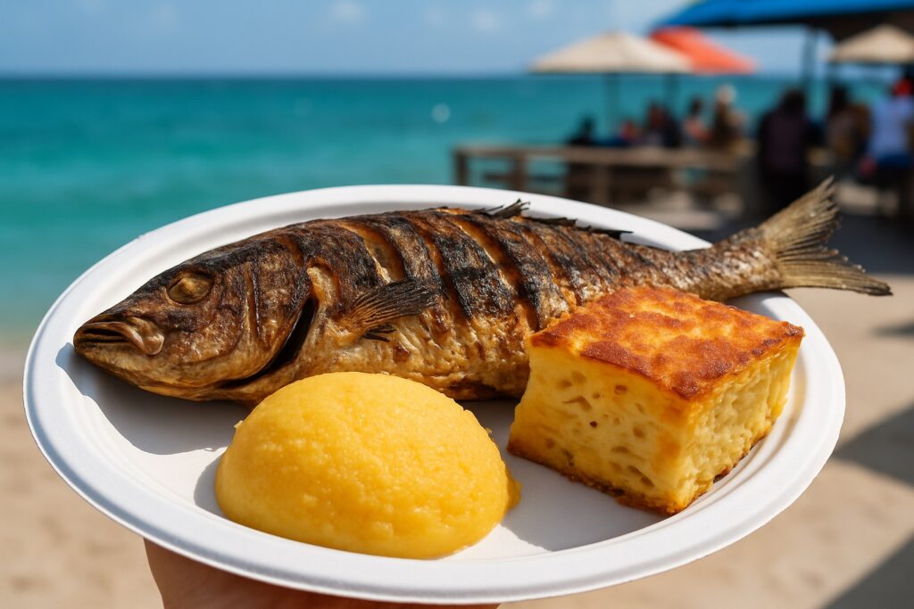 Gegrillter ganzer Fisch auf einem Pappteller mit Maisgrießbrei, Makkaronipastete und Salat.