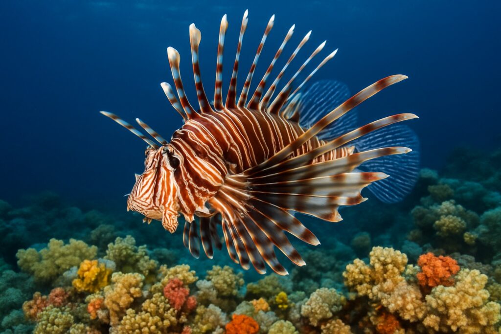 Ein Rotfeuerfisch mit langen gestreiften Flossenstrahlen steht dicht über einem hellen Korallenriff.