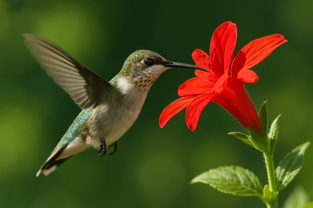 Ein winziger Kolibri steht im Schwirrflug vor einer roten Blüte, die Flügel sind zu einem Schleier verwischt.