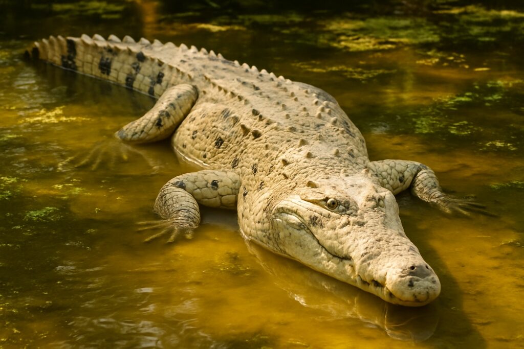 Ein hell gesprenkeltes Krokodil liegt im flachen, sonnenbeschienenen Wasser eines Sumpfgebiets.