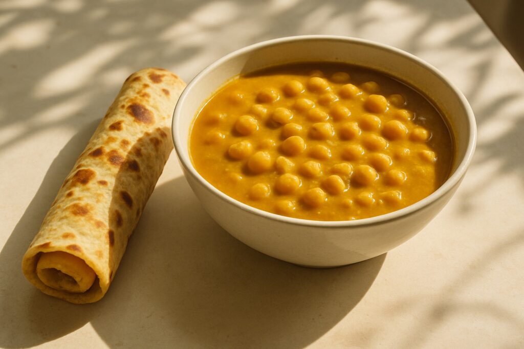 Ein aufgerolltes Fladenbrot neben einer Schale Currysauce mit Fleisch und Kichererbsen.