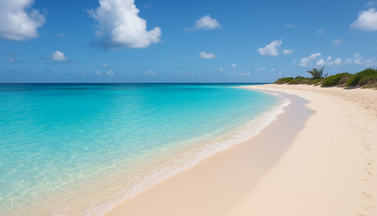 Weißer Sandstrand auf Anguilla mit leuchtend türkisem Wasser.