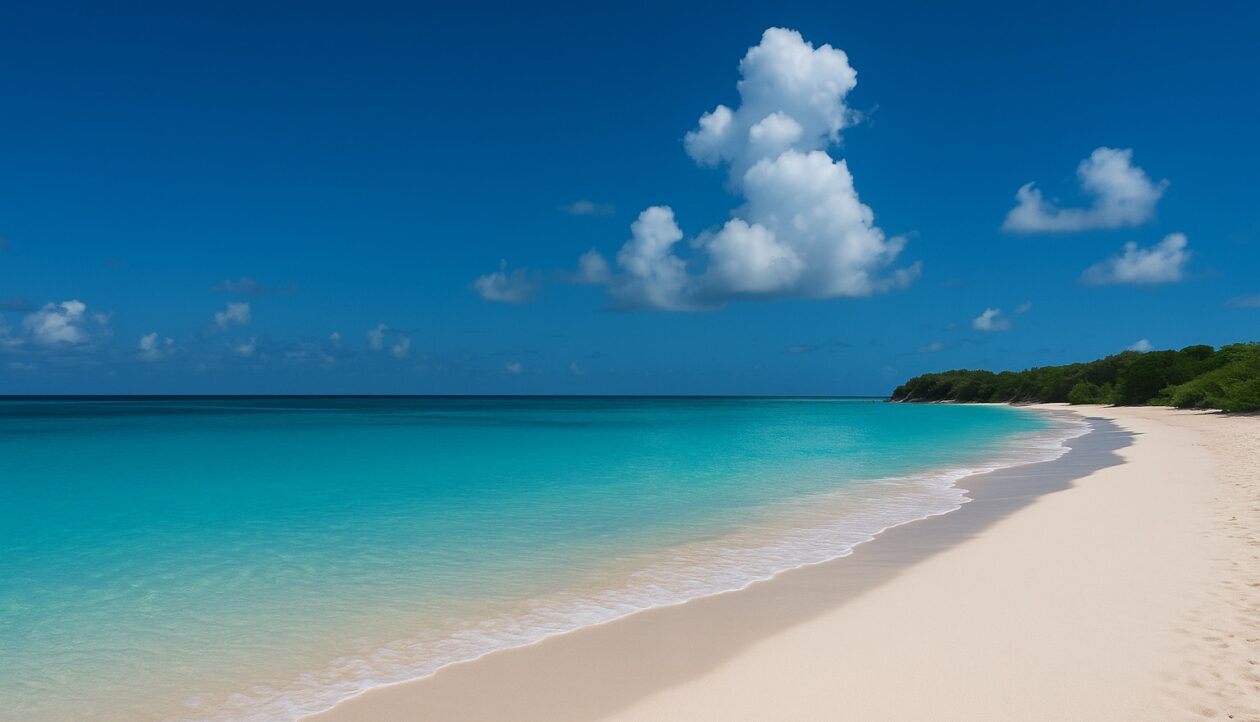 Weißer Sandstrand auf Antigua mit türkisem Wasser unter tiefblauem Himmel.