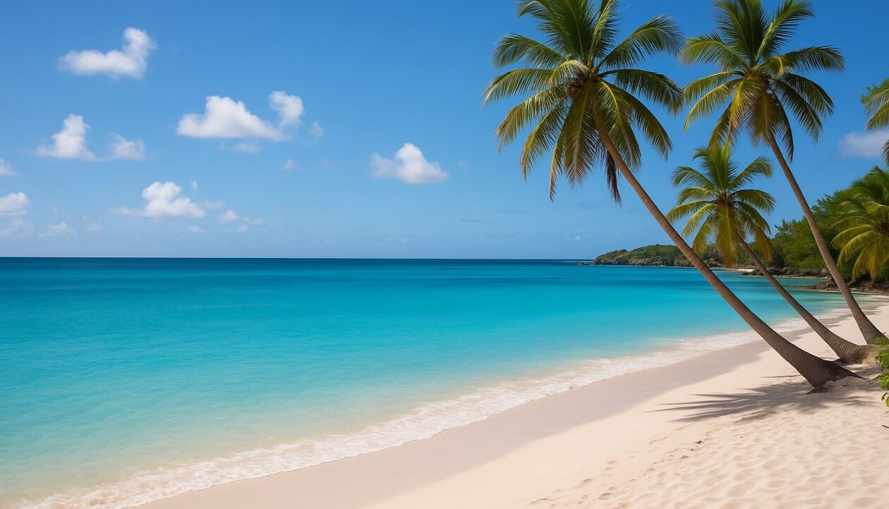 Türkise Bucht auf Barbados mit weißem Sand und geneigten Kokospalmen.