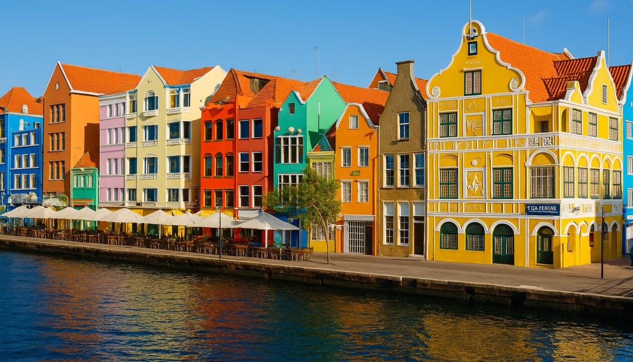 Die bunten Giebelhäuser der Uferfront von Willemstad im hellen Morgenlicht.