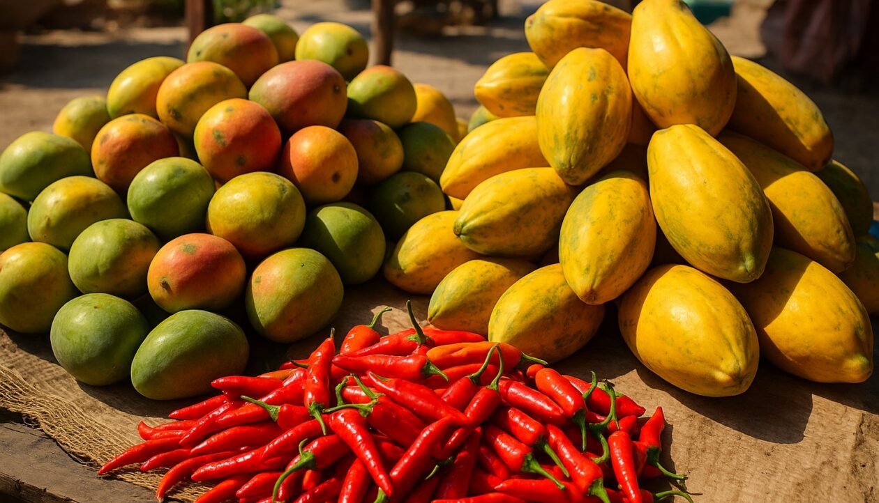 Mangos, Papayas und rote Chilischoten in der offenen Sonne auf einem karibischen Markt.