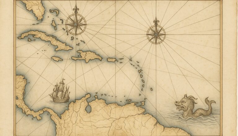 Alte Seekarte der westindischen Inseln mit Kompassrosen, Kurslinien, einem Segelschiff und einem Seeungeheuer.