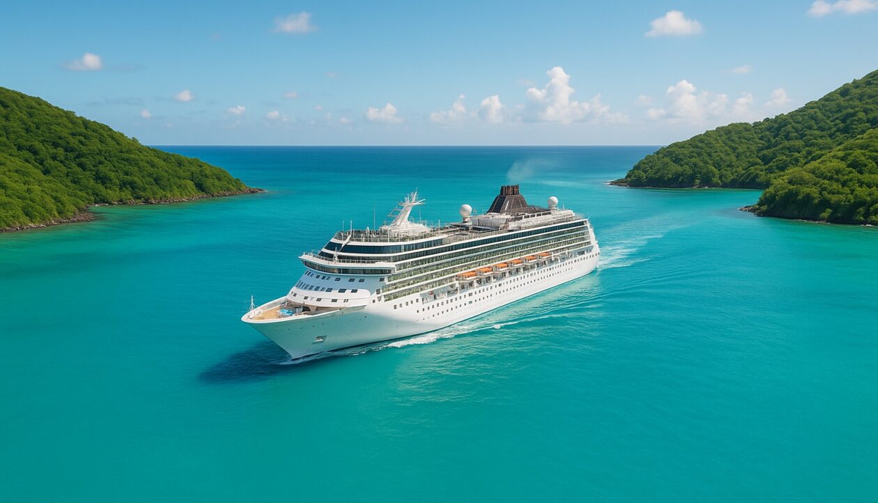 Ein weißes Kreuzfahrtschiff zieht zwischen grünen Karibikinseln durch türkises Wasser.