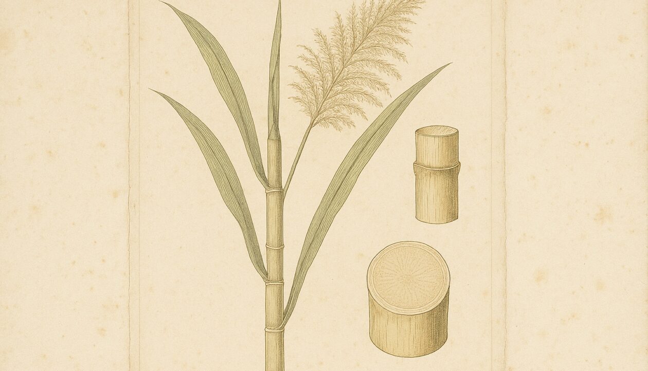 Botanische Tafel des Zuckerrohrs: Halm mit langen Blättern und Blütenrispe, daneben ein Querschnitt.