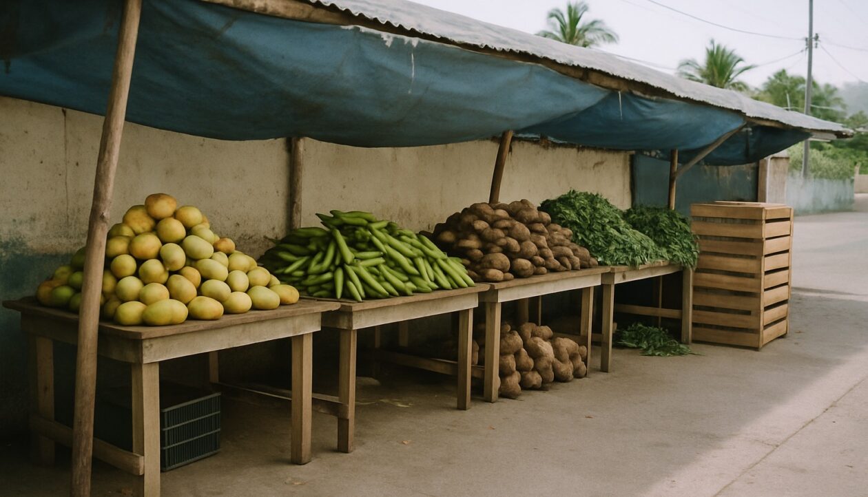 Markttische mit Mangos, Kochbananen, Yams und Blattgemüse unter einer blauen Plane.