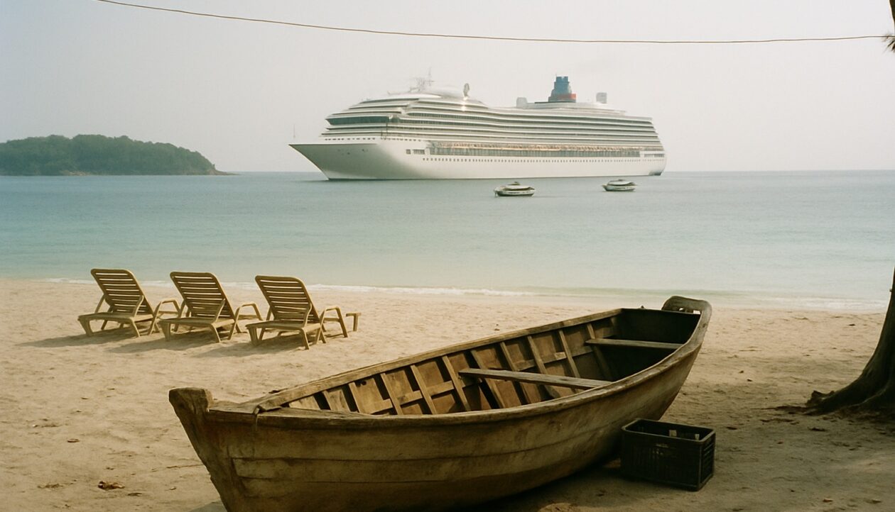 Kreuzfahrtschiff auf Reede, davor ein fast leerer Strand mit Liegen und einem hölzernen Boot.