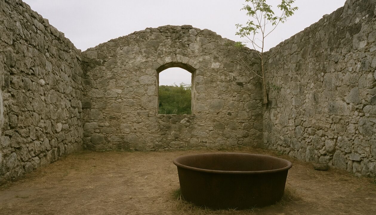 Dachlose Bruchsteinruine eines Siedehauses, im Boden ein rostender gusseiserner Zuckerkessel, Gras im Mauerwerk.