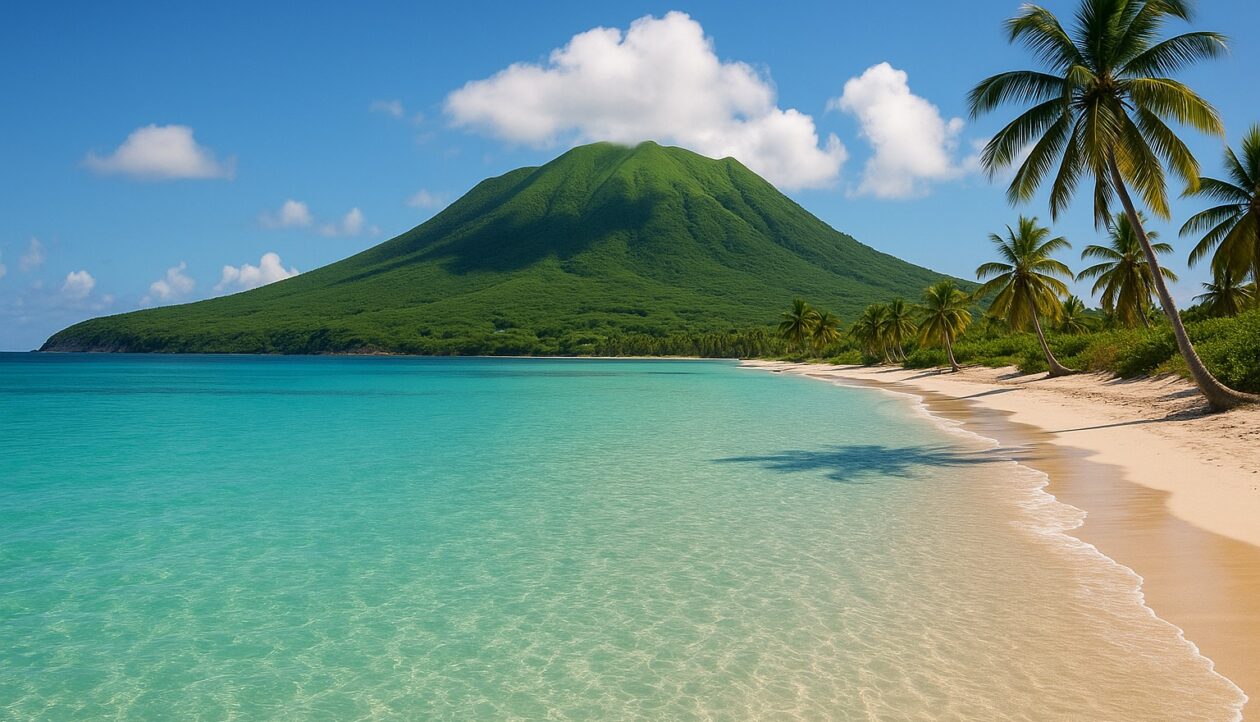 Palmenstrand vor dem grünen Vulkangipfel von Nevis, davor flaches türkises Wasser.