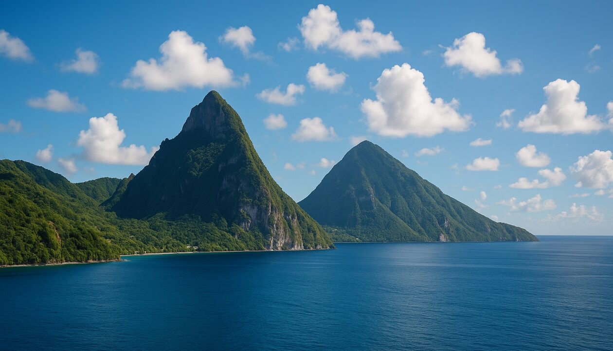 Die beiden Pitons von St. Lucia ragen grün und spitz über einer tiefblauen Bucht auf.