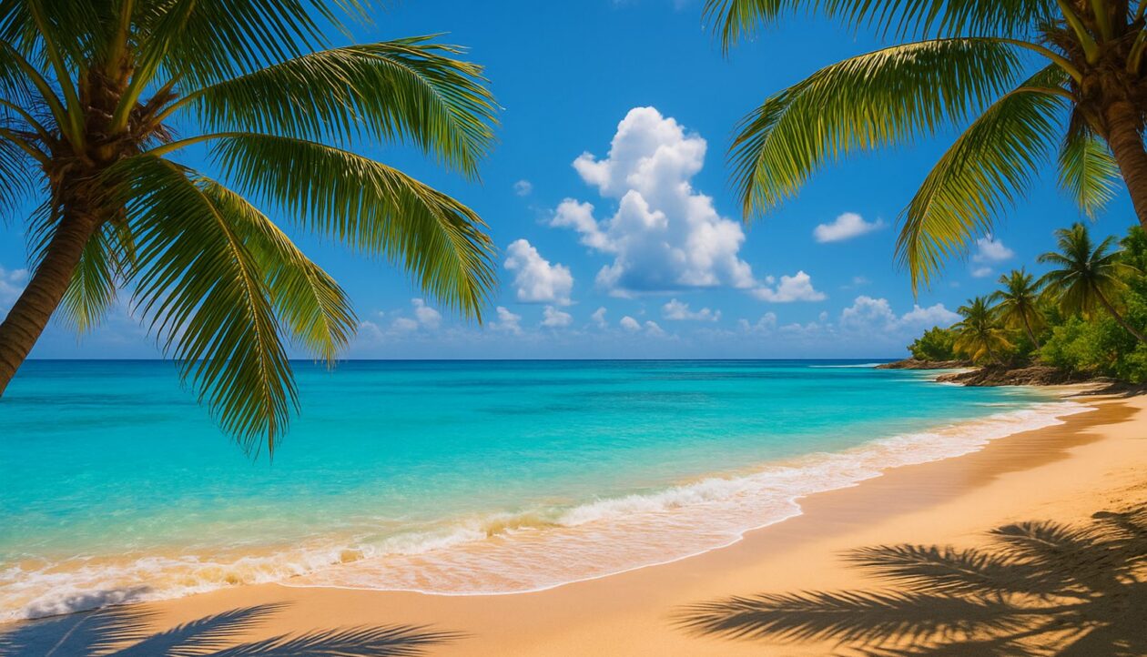Ein karibischer Strand aus dem Schatten der Palmen, weißer Sand und leuchtend türkises Wasser unter blauem Himmel.