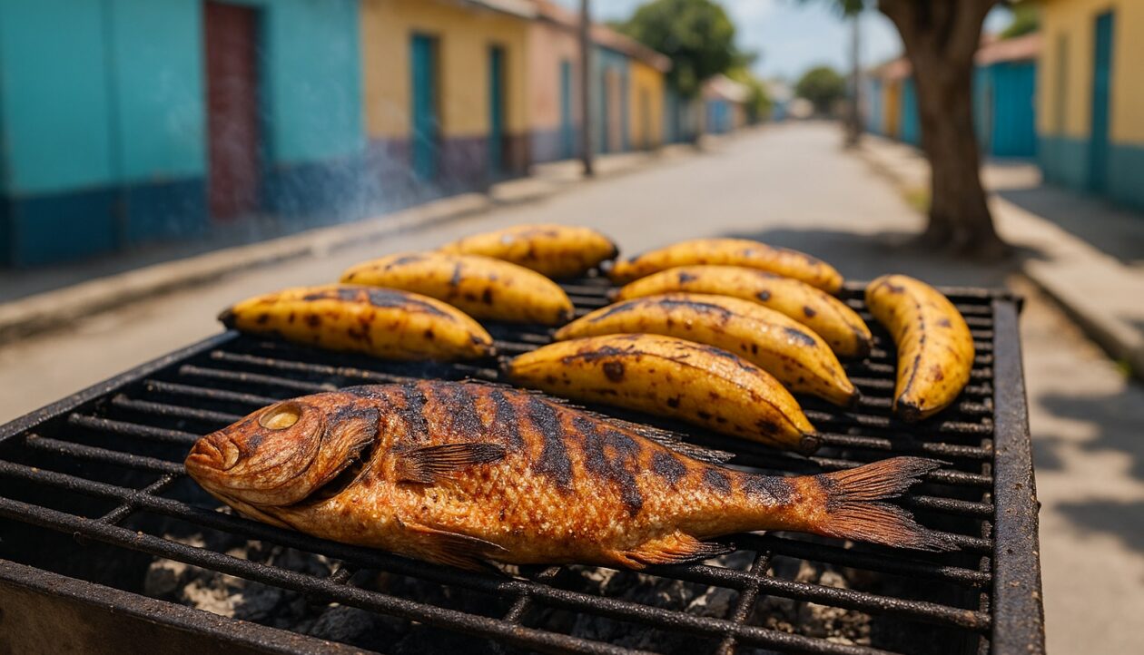 Gegrillter Fisch und Kochbananen auf einem Straßengrill in der Karibik bei hellem Tageslicht.