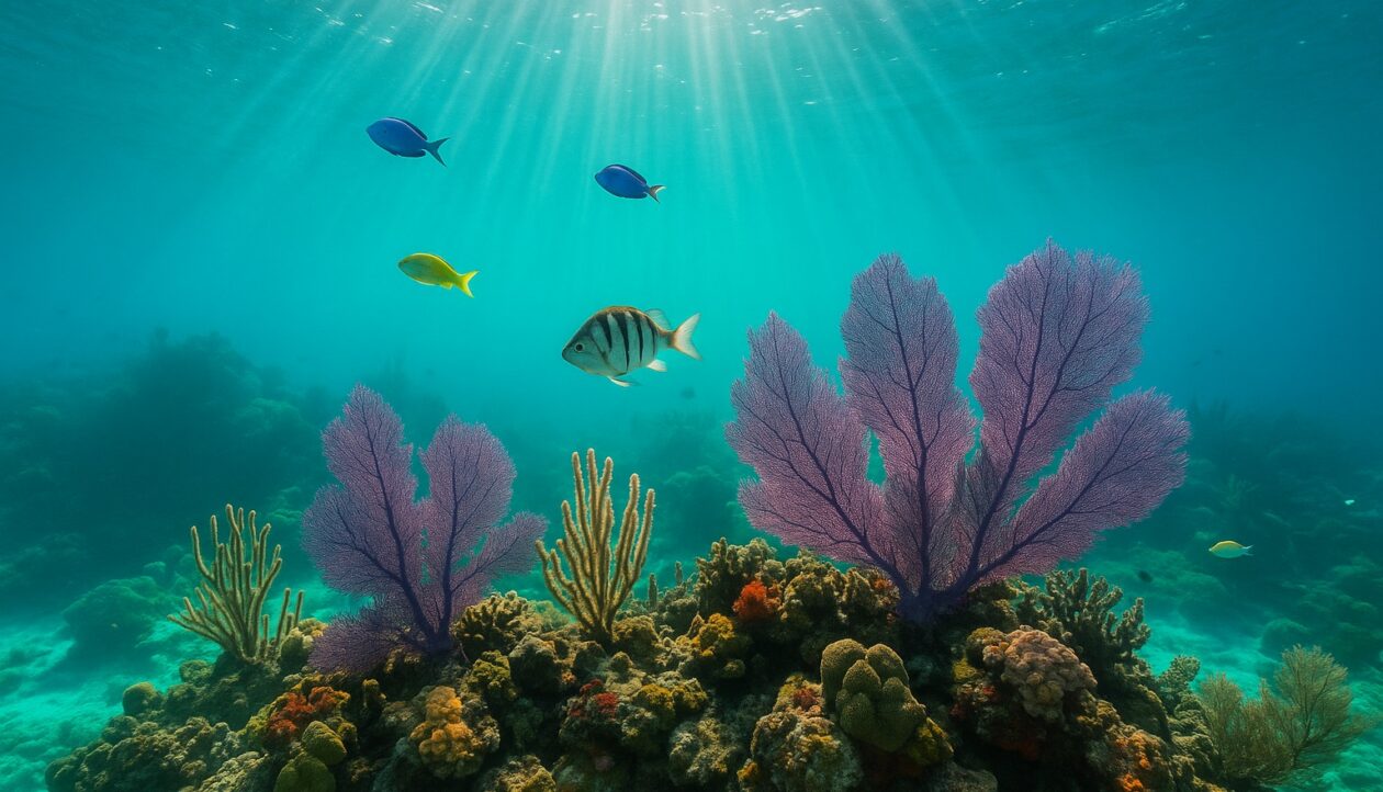Ein karibisches Korallenriff in leuchtend türkisem Wasser, Fische und Gorgonien im Licht der Sonnenstrahlen.