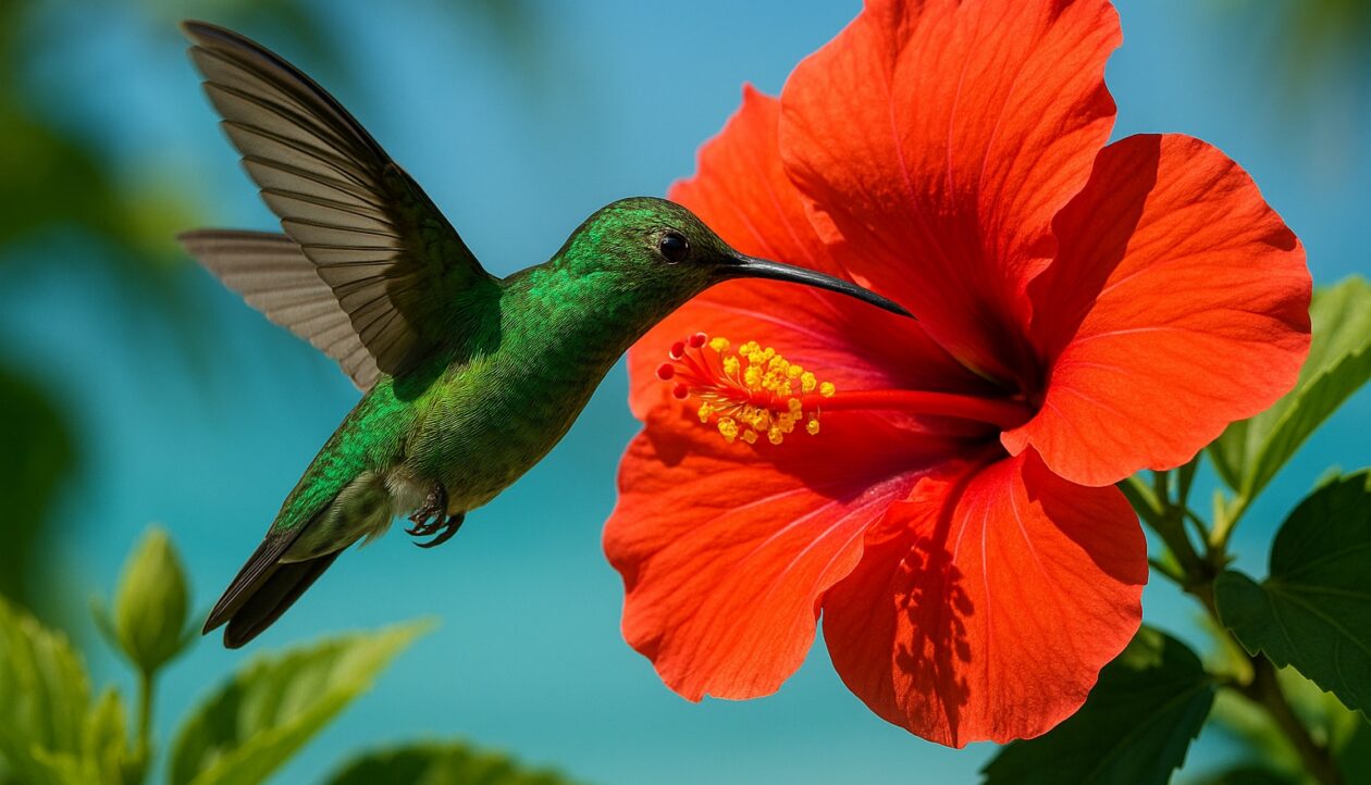 Ein grüner Kolibri an einer scharlachroten Hibiskusblüte im hellen Sonnenlicht.