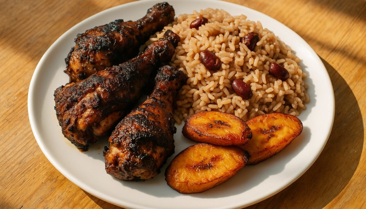 Jerk Chicken, Rice and Peas und gebratene Kochbananen auf einem Holztisch im hellen Tageslicht.
